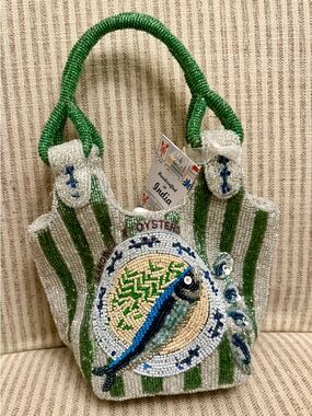 Marshalls Green, White and Blue Beaded Fish Stripe Tote